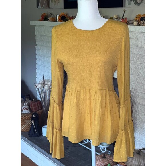 Altar'd State Top Tiered Ruffle Sleeve Smock Tunic Boho Romantic Mustard Women S - Picture 5 of 8